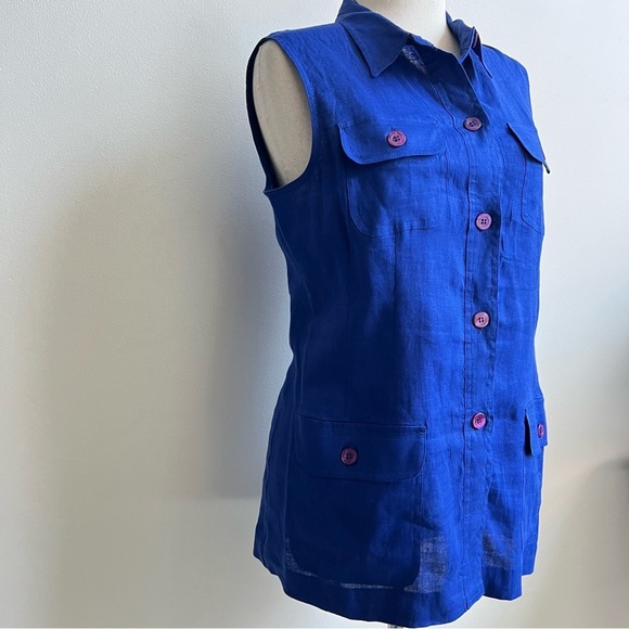 Casual Corner Womens Blue 100% linen Tunic button down vest Plus Size 14 - Picture 5 of 7